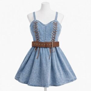 Social Collision Women Denim Corset Mini Dress XL Stretch Belt Lace Up Blue Y2K